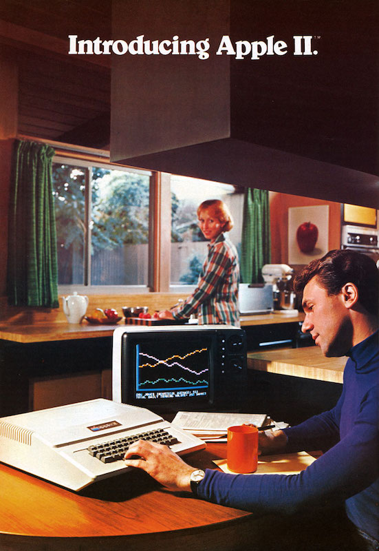 An ad for the Apple II from 1977, with a man working on the computer while a woman is cooking in the kitchen.